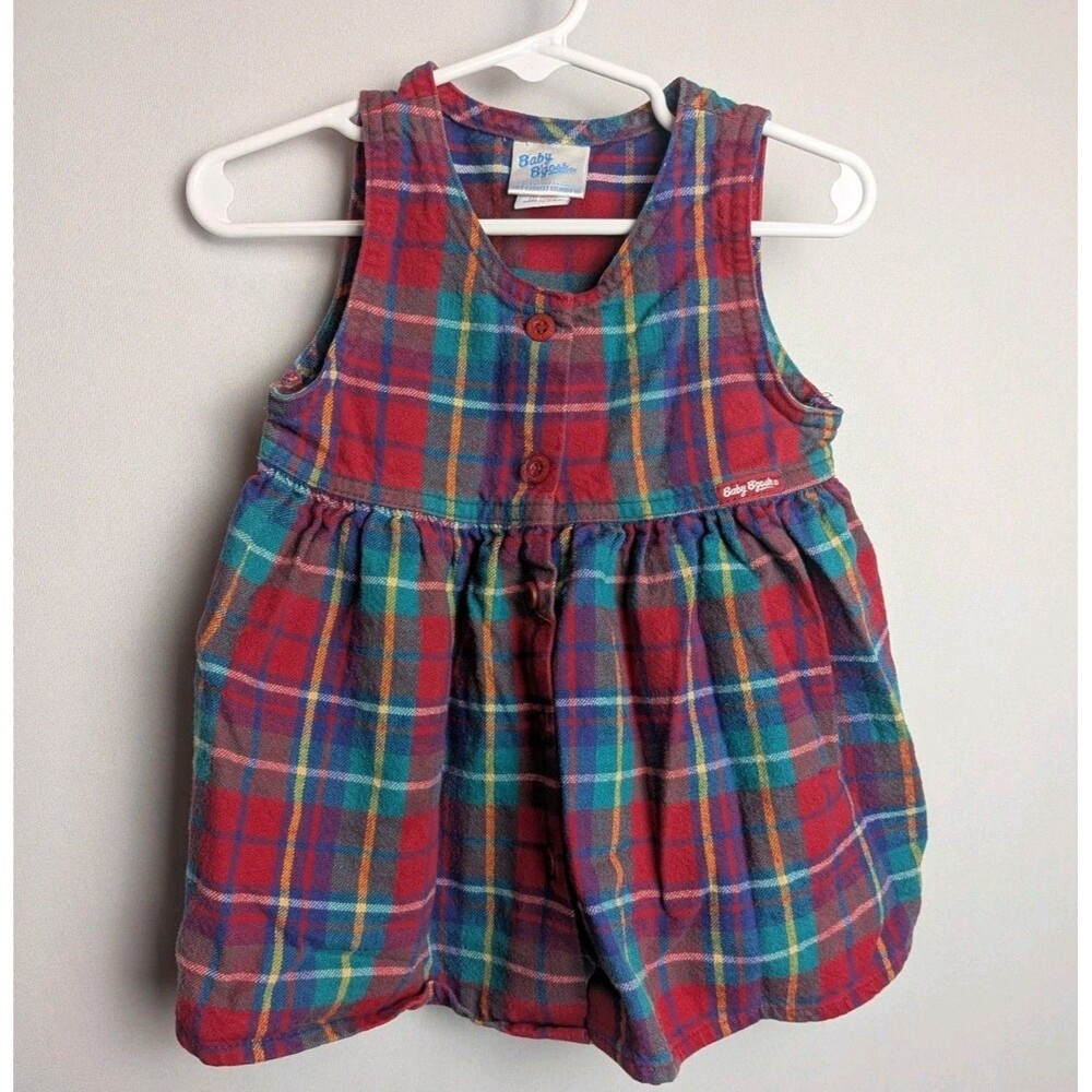 Vintage OshKosh Girls Pink Blue Plaid Overall Dress 18 Months Sleeveless Cotton